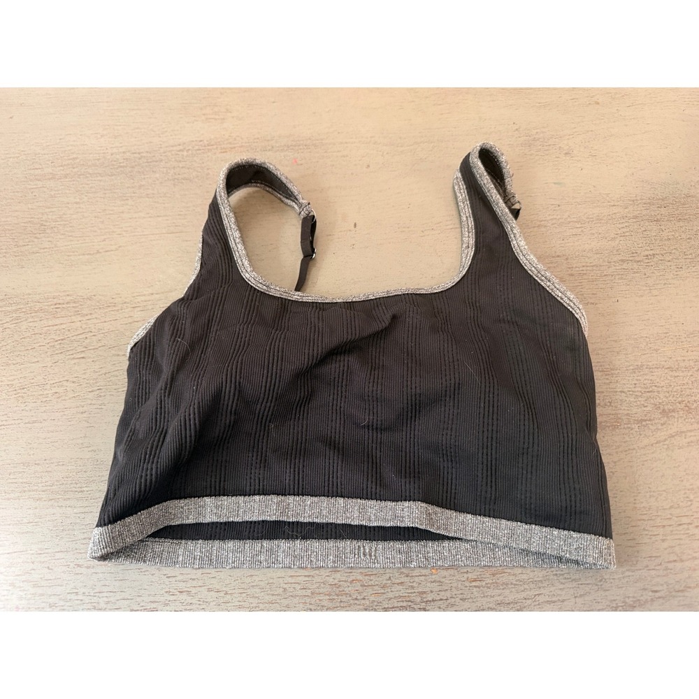 Aerie Black Ribbed Seamless Bralette Silver Metallic Trim Size L Large